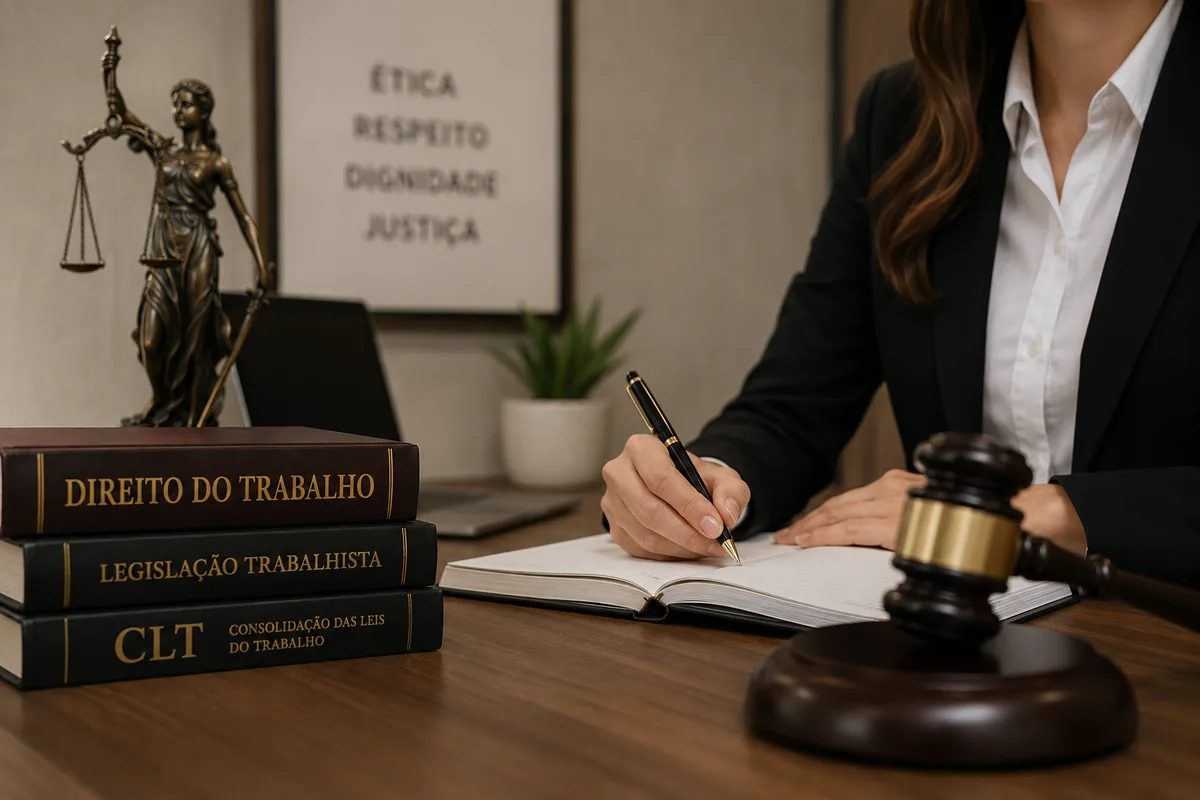 Advogada analisando documentos em um escritório de Direito do Trabalho